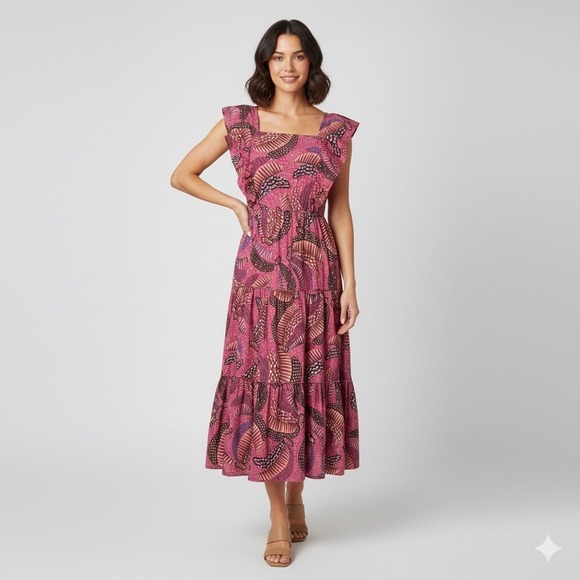 FARM Rio Dresses & Skirts - Farm Rio Wild Bananas Print Square Neck Ruffled Tiered Midi Dress Size Medium